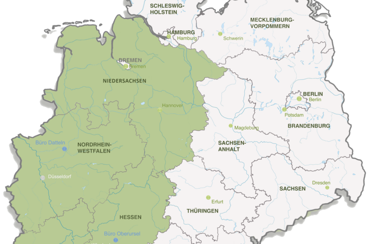 Kompensationskarte Landschaftsagentur Plus – Kompensationsflächen in NRW, Hessen, Niedersachsen, Rheinland-Pfalz, Saarland und Baden-Württemberg ompensationskarte der Landschaftsagentur Plus: Wirkungsgebiet für Kompensationsflächen, Flächenpools und Ökokonten in West- und Südwestdeutschland mit Standorten Datteln, Friedrichsthal und Oberursel.
